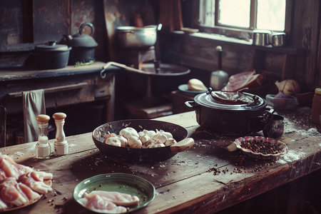 Preparation of meat in the kitchen of a country house.の素材