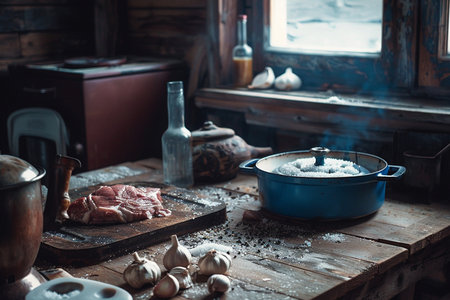 Cooking meat in a pot on a wooden table in a rustic kitchenの素材