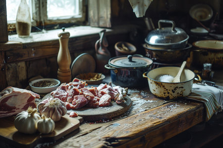 Still life with raw meat and ingredients for cooking in rustic styleの素材
