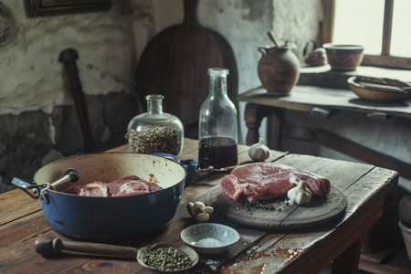 Raw meat and spices on a wooden table in a rustic kitchenの素材