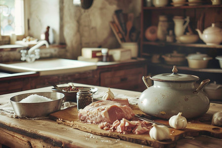 Raw meat with spices on a wooden table in a rustic kitchenの素材