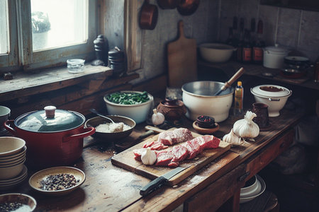Cooking meat in a rustic kitchen. Selective focus.の素材