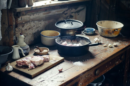 Preparation of meat for cooking in the kitchen. Vintage stylesの素材