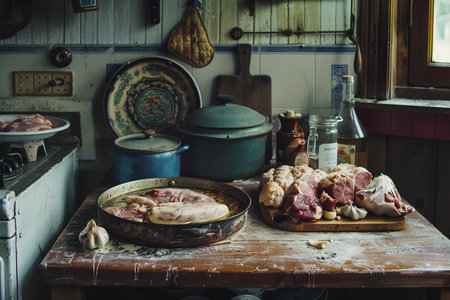 Vintage rustic kitchen with meat and vegetables in old fashioned styleの素材