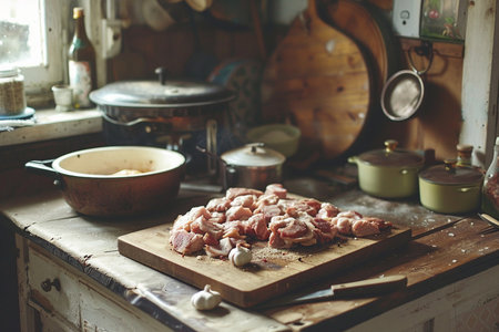 Raw meat on a cutting board in a rustic kitchen. Selective focus.の素材