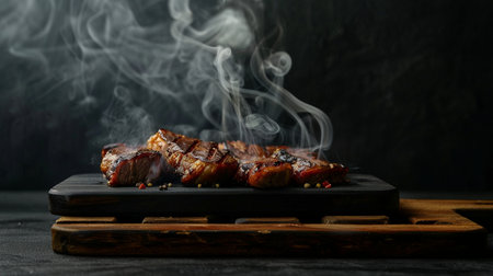 Grilled beef steak on a wooden board with smoke on a dark backgroundの素材