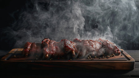 Shish kebab on wooden cutting board with smoke on dark backgroundの素材