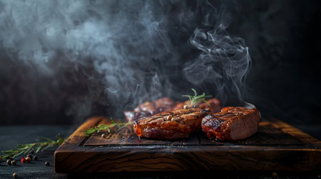 Grilled beef steaks on wooden board with smoke on black backgroundの素材