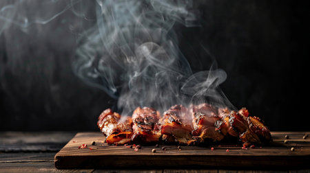 Grilled pork ribs on a wooden board with smoke on a dark backgroundの素材