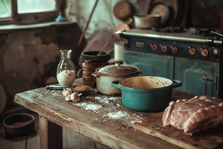 Vintage kitchen interior with rustic utensils and meat.の素材