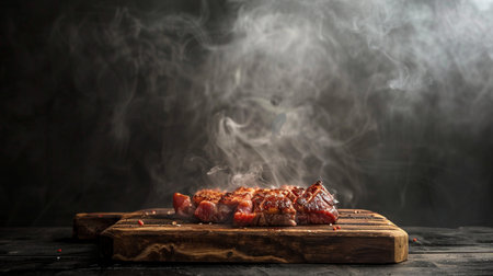 Grilled meat on a cutting board on a dark background with smokeの素材