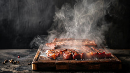 Grilled beef steaks on a cutting board with smoke on a dark backgroundの素材