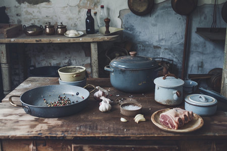 Rustic kitchen with cooking utensils and ingredients on the tableの素材