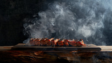 Grilled meat on a wooden board and smoke on a dark backgroundの素材