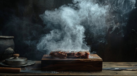 Steak on a wooden board with smoke on a dark background.の素材