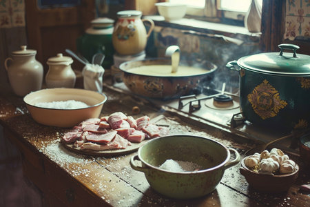 Preparation of meat in the kitchen. Preparation for cooking.の素材