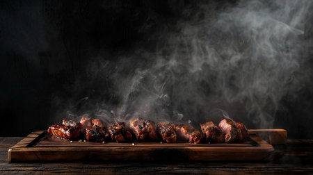 Pork shish kebab with smoke on a wooden boardの素材
