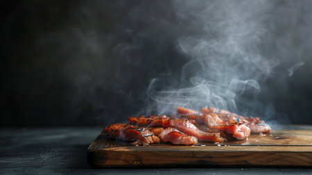 Slices of bacon on a wooden cutting board on a dark backgroundの素材
