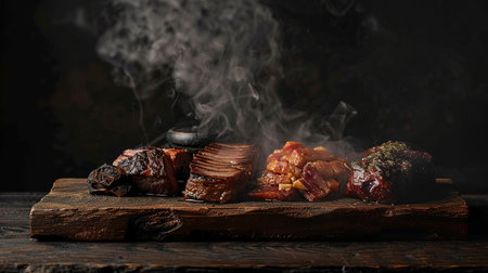 Dried meat on a wooden board with smoke on a dark backgroundの素材