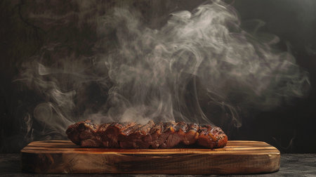 Grilled beef steak on wooden cutting board with smoke on dark backgroundの素材
