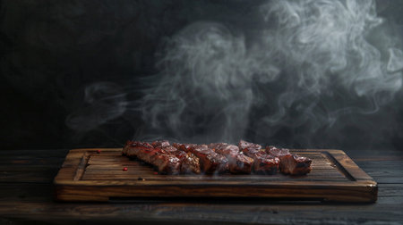 Grilled meat on a wooden board on a black background with smokeの素材