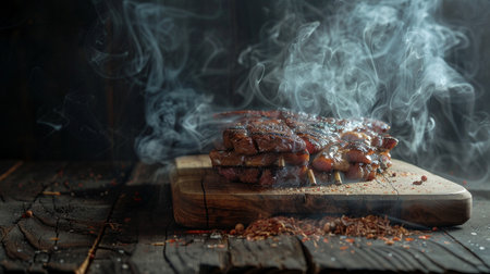 Grilled beef steak on a wooden board with smoke on dark backgroundの素材
