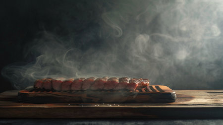 Grilled beef steak on a cutting board with smoke on black backgroundの素材