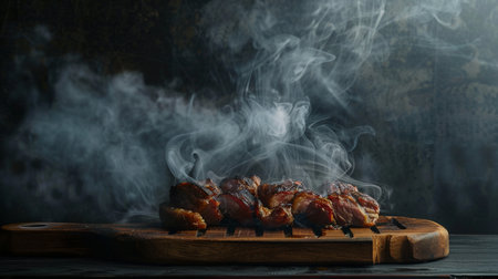 Shish kebab on skewers on a wooden cutting boardの素材