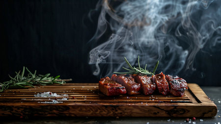 Grilled beef steak with rosemary and sea salt on wooden boardの素材