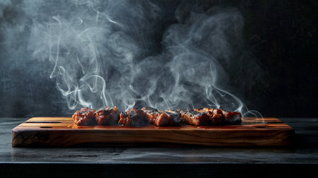 Grilled meat on a wooden board with smoke on a dark backgroundの素材