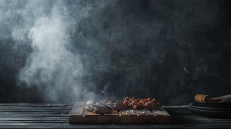 Beef kebab on wooden board with smoke on dark backgroundの素材