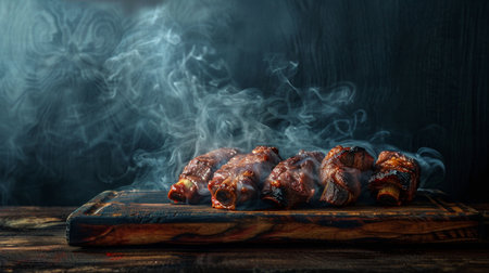 Smoked kebab on a wooden cutting board on a dark backgroundの素材