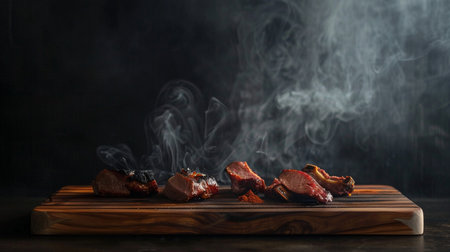 Grilled meat on a wooden board on a black background with smokeの素材