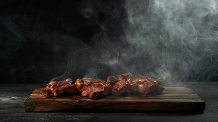 Grilled beef steaks on a wooden board with smoke on a black backgroundの素材