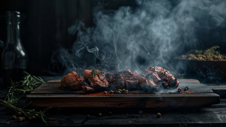 Grilled beef steaks with spices and herbs on a wooden boardの素材