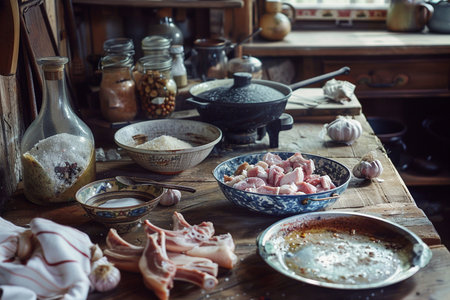 Ingredients for cooking on a wooden table in a rustic kitchen.の素材