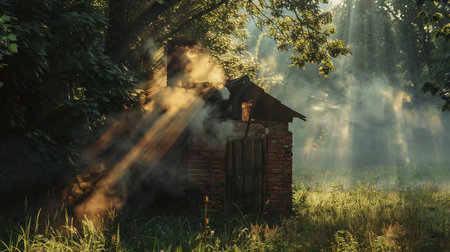 Smoke from the chimney of the old house in the forestの素材