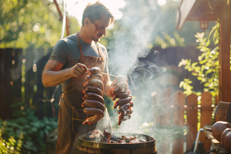 A man cooking sausages on a barbecue grill in the gardenの素材