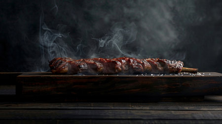 Grilled meat on a skewer on a wooden board with smokeの素材