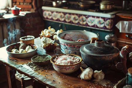 Cooking in the kitchen. Ingredients for cooking. Vintage styles.の素材