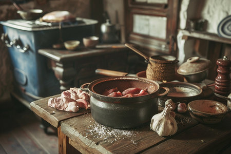 Traditional rustic kitchen interior with meat and vegetables. Selective focus.の素材