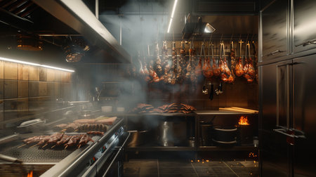 Hanging meat on a spit in a restaurant kitchen with smoke coming outの素材