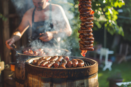 Grilled sausages on a skewer in the hands of a manの素材