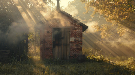 Old brick house in the morning fog. The rays of the sun.の素材
