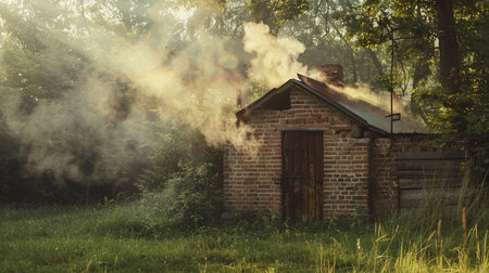 Old brick house with smoke coming out of the chimney in the forestの素材