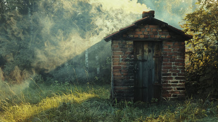 Wooden shed in the forest with smoke coming out of the chimneyの素材