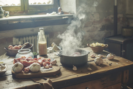 Preparing food in the kitchen. Preparation of meat and vegetablesの素材