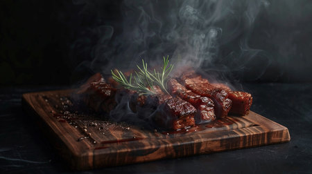 grilled beef steak with rosemary on a wooden board with smokeの素材