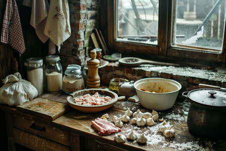 Ingredients for the preparation of dumplings in a rustic style.の素材