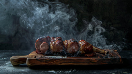 Grilled shish kebab with smoke on a wooden boardの素材